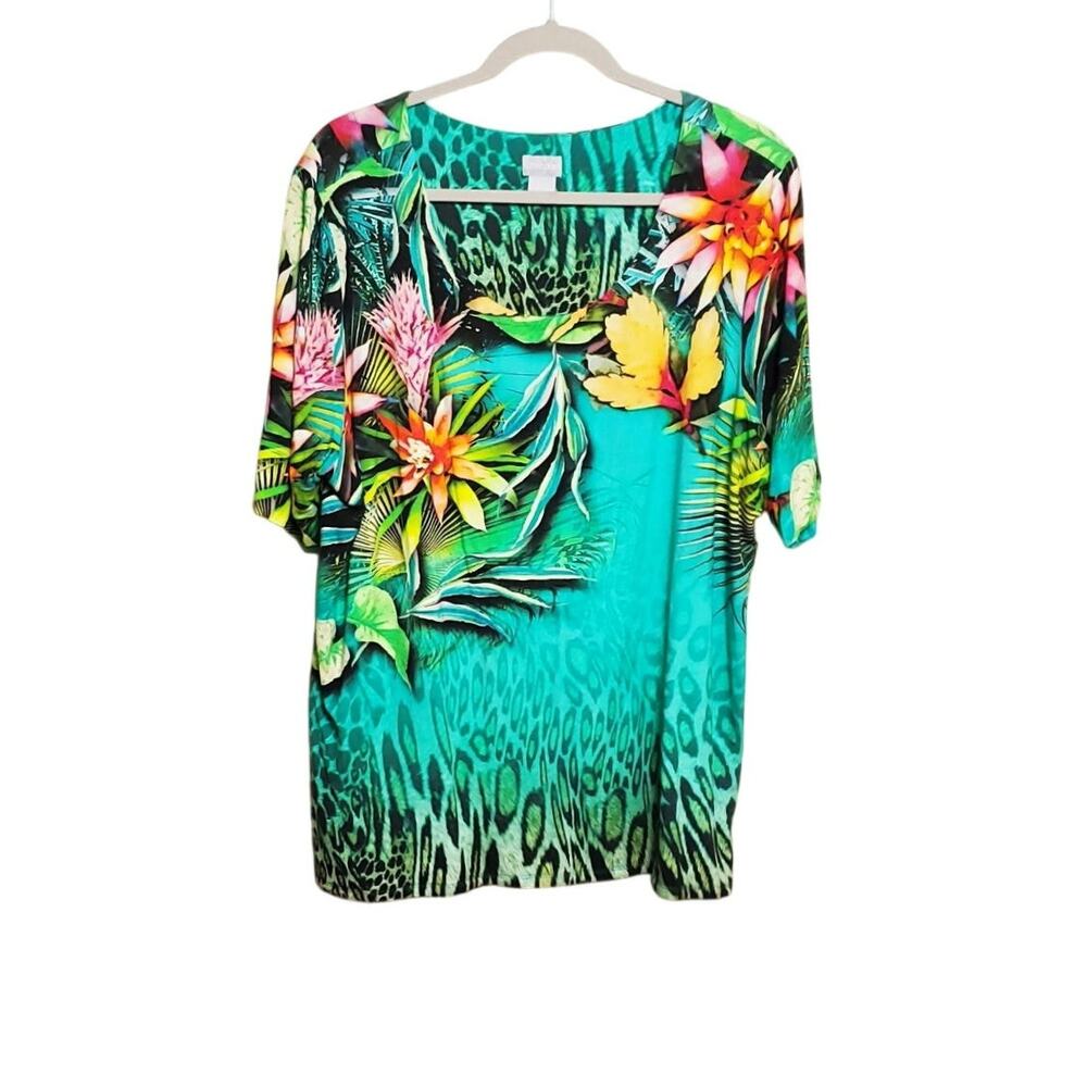 CHICOS Floral Print Jersey Knit Front Lined Short Sleeve Top Sz 4 US XXL
